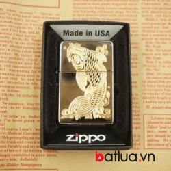 Zippo chính hãng đen bóng khắc vàng 1 mặt cá chép - Mã SP: ZPC1977