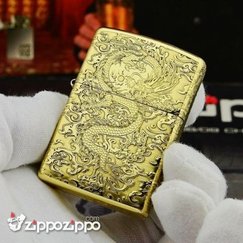 Zippo Chính Hãng Đồng Bóng Khắc Rồng May Mắn Tài Lôc Armor