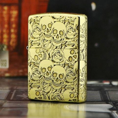 Zippo Chính Hãng Đồng Khắc 5 Năm Mặt Đầu Lâu Hoa Hồng