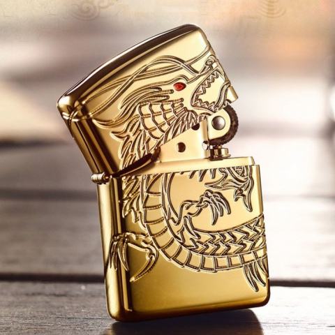 Zippo Chính Hãng Đồng Mạ Vàng Khắc Rồng Mắt Đỏ Tinh Xảo Vỏ Dày Armor