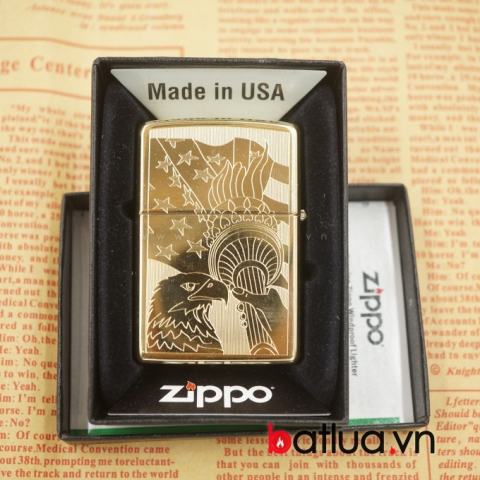 Zippo chính hãng đồng vàng khắc 2 mặt cờ mỹ