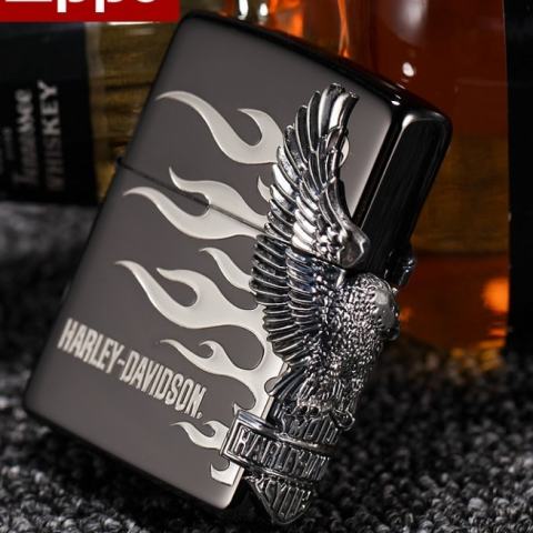 Zippo Chính Hãng Harley Davidson Màu Xám Hình Khối Chim Ưng Bên Sườn