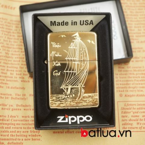 Zippo chính hãng khắc vàng bóng hình thuyền buồm