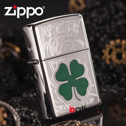 Zippo chính hãng mầu bạc khắc cỏ 4 lá cao cấp 24699