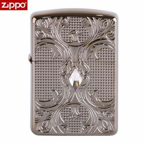 Zippo Chính Hãng Màu Đen Bóng Hoa Văn Đính Đá Vỏ Dày