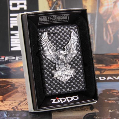 Zippo Chính Hãng Màu Đen Caro Huy Hiệu Chim Ưng Harley Davidson