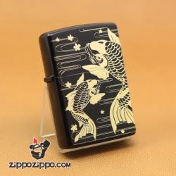 Zippo Chính Hãng Màu Đen Khắc Cặp Cá Chép Vàng Đang Bơi - Mã SP: ZPC01056