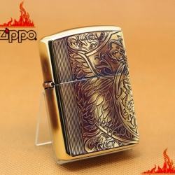 Zippo Chính Hãng Màu Vàng Đốt Khắc Hình Hổ Cùng Hoa Văn Tinh Xảo Vỏ Dày - Mã SP: ZPC1121