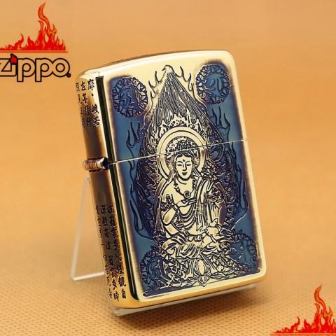 Zippo Chính Hãng Màu Vàng Đốt Khắc Hình Phật Cùng Tâm Kinh