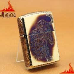 Zippo Chính Hãng Màu Vàng Đốt Khắc Hổ Mặt Trước Xung Quang Hoa Văn Arab Vỏ Dày - Mã SP: ZPC1096