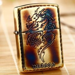 Zippo Chính Hãng Màu Vàng Đốt Khắc Họa Tiết Rồng Vỏ Dày Armor - Mã SP: ZPC01064