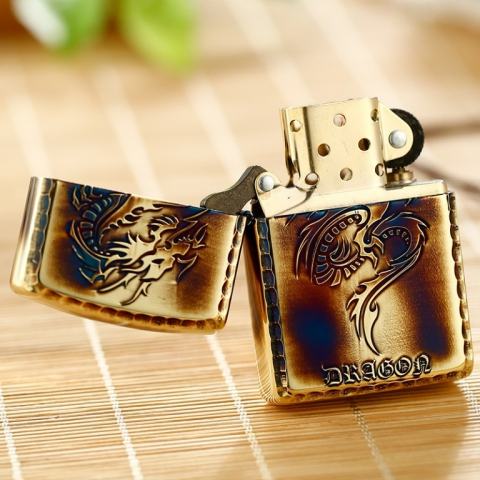 Zippo Chính Hãng Màu Vàng Đốt Khắc Họa Tiết Rồng Vỏ Dày Armor