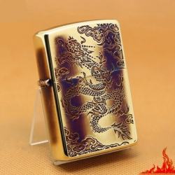 Zippo Chính Hãng Màu Vàng Đốt Khắc Rồng Mây Mặt Trước - Mã SP: ZPC1071