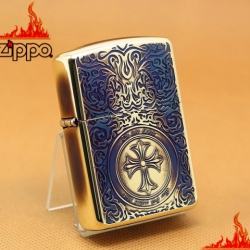 Zippo Chính Hãng Màu Vàng Đốt Khắc Thánh Giá Hoa Văn Arab Xung Quanh - Mã SP: ZPC1115