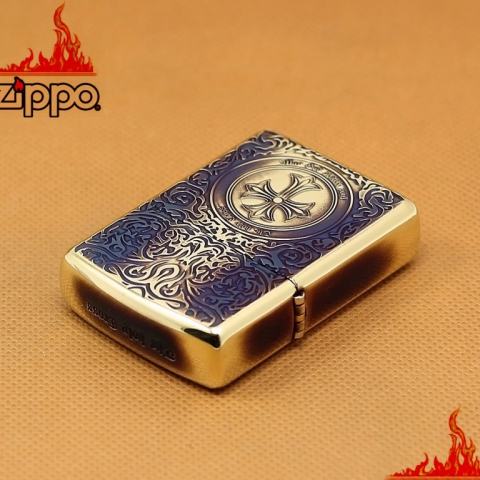 Zippo Chính Hãng Màu Vàng Đốt Khắc Thánh Giá Hoa Văn Arab Xung Quanh