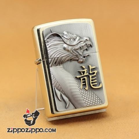 Zippo Chính Hãng màu Vàng Mặt Trước Đúc Hình Rồng Gào Thét