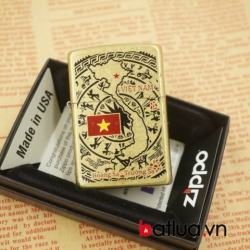 Zippo chính hãng phiên bản chiến tranh việt nam mầu vàng chạm khắc hình bản đồ - Mã SP: BL03050