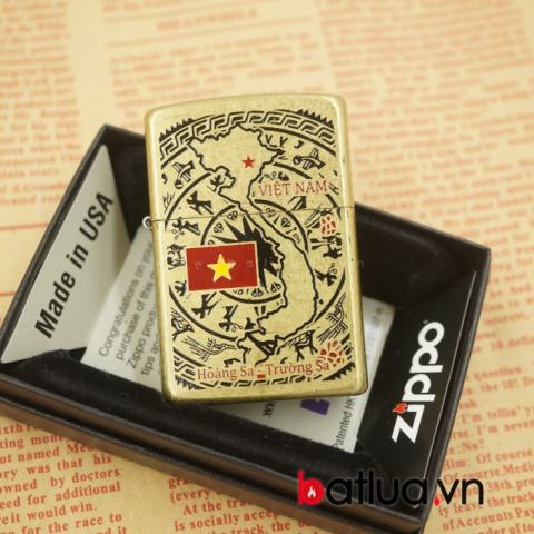 Zippo chính hãng phiên bản chiến tranh việt nam mầu vàng chạm khắc hình bản đồ