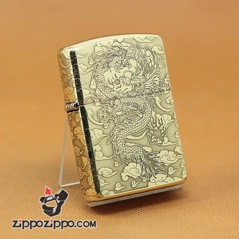 Zippo Chính Hãng Phiên Bản Đồng Si Bóng Khắc Rồng Bay Trên Mây Vỏ Dày Armor