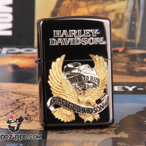 Zippo Chính Hãng Đen Harley Davidson Chim Ưng Mạ Vàng Live To Ride