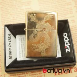 zippo chính hãng vàng bóng khắc 1 mặt hình rồng - Mã SP: BL03067