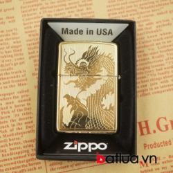 Zippo chính hãng vàng bóng khắc 2 mặt hình rồng tinh tế - Mã SP: BL03052