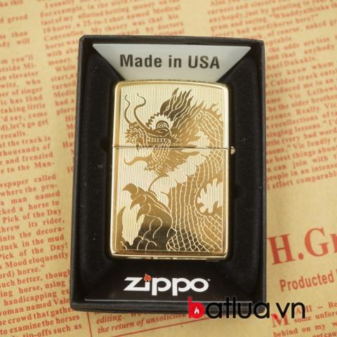 Zippo chính hãng vàng bóng khắc 2 mặt hình rồng tinh tế