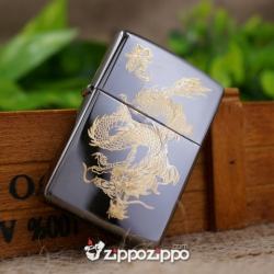 Zippo Màu Đen Bóng Khắc Mạ Vàng chạm khắc hình rồng - Mã SP: ZPC1497