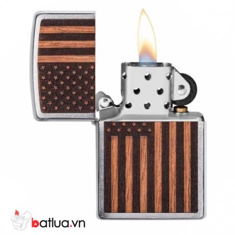 Zippo khắc Laser hình cờ Mỹ trên miếng ốp gỗ