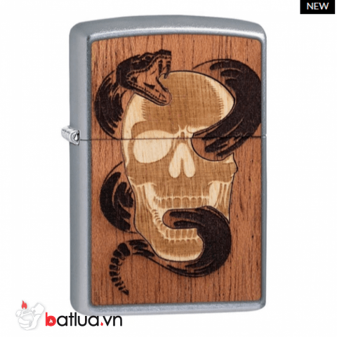 Zippo mạ Chrome in hình rắn và Skull trên nền gỗ