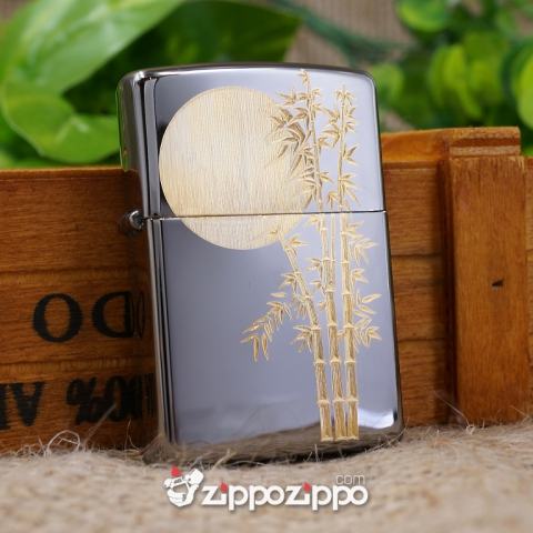 Zippo Màu Đen Bóng Chạm KHắc Tre Làng