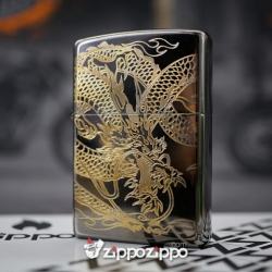 Zippo Đen Bóng KHắc Mạ Vàng khắc hình rồng quấn - Mã SP: ZPC1496