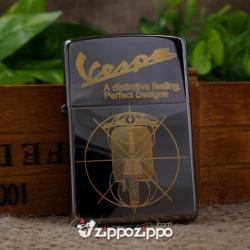 Zippo Màu Đen Bóng KHắc Xe VesPa Mạ Vàng - Mã SP: ZPC1511